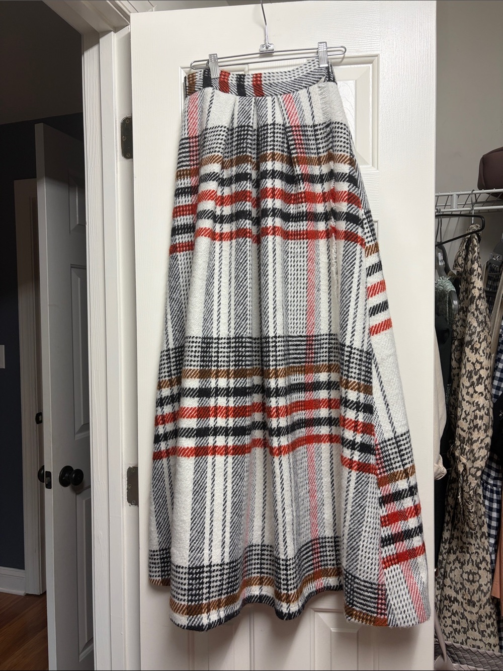 Plaid A-Line Maxi Skirt in White with Red, Black & Brown Stripes - Picture 1 of 5